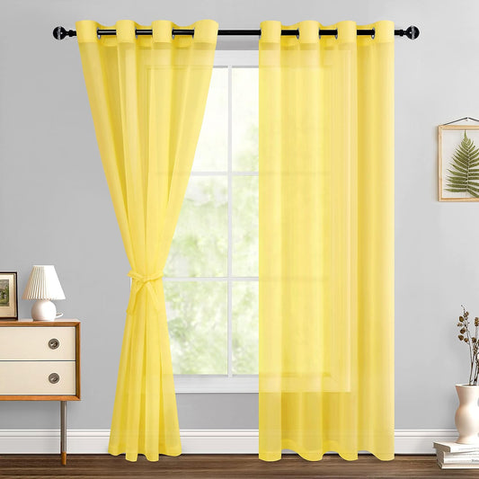 Sheer Curtains for Living Room with Tiebacks, Grommet Top Light Filtering Airy Voile Drapes Lightweight Window Curtains for Bedroom, Nursery, Yellow, W52 X L84, Set of 2 Soft Textured Panels